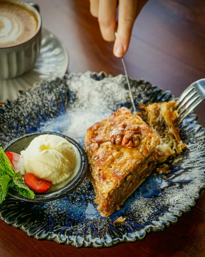 Signature baklava with walnuts and ice cream at Tarragon, Uluwatu