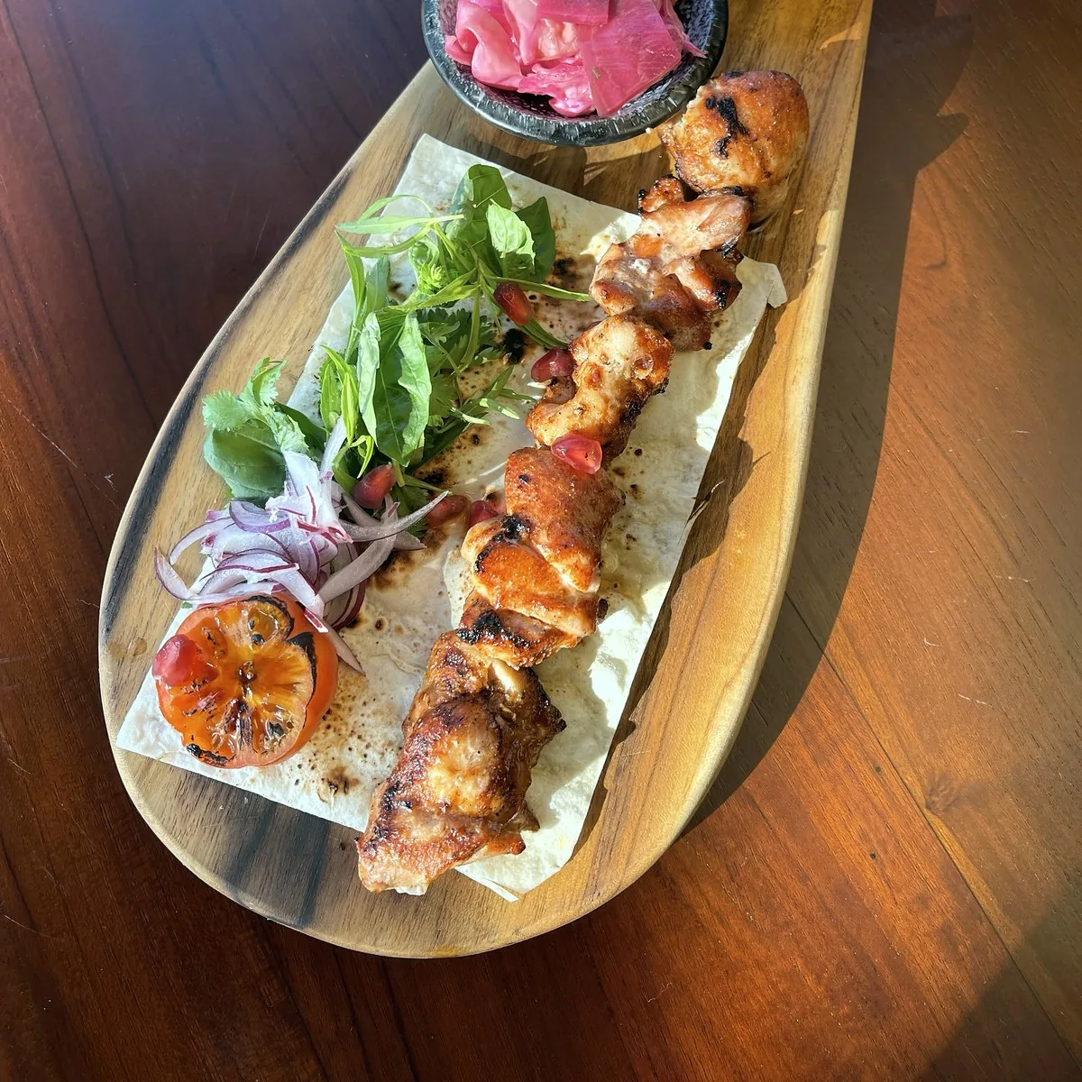 Chicken thigh shashlik at Tarragon Georgian restaurant, Uluwatu Bali