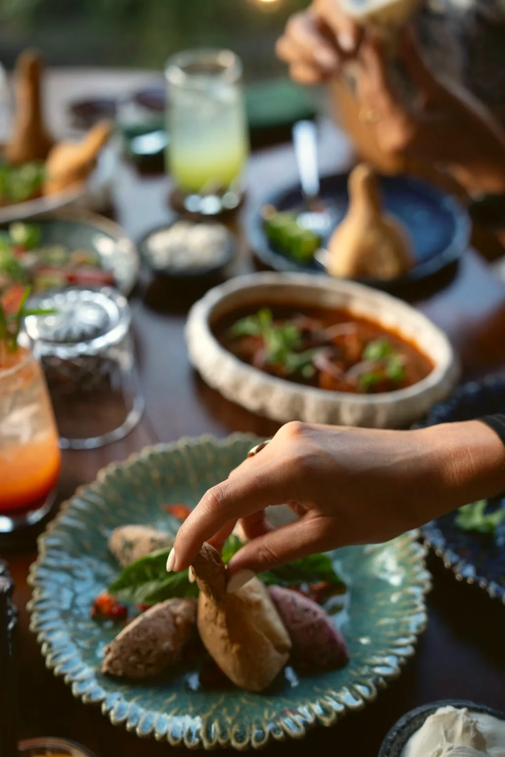 Georgian supra table with pkhali and shared dishes at Tarragon, Bali