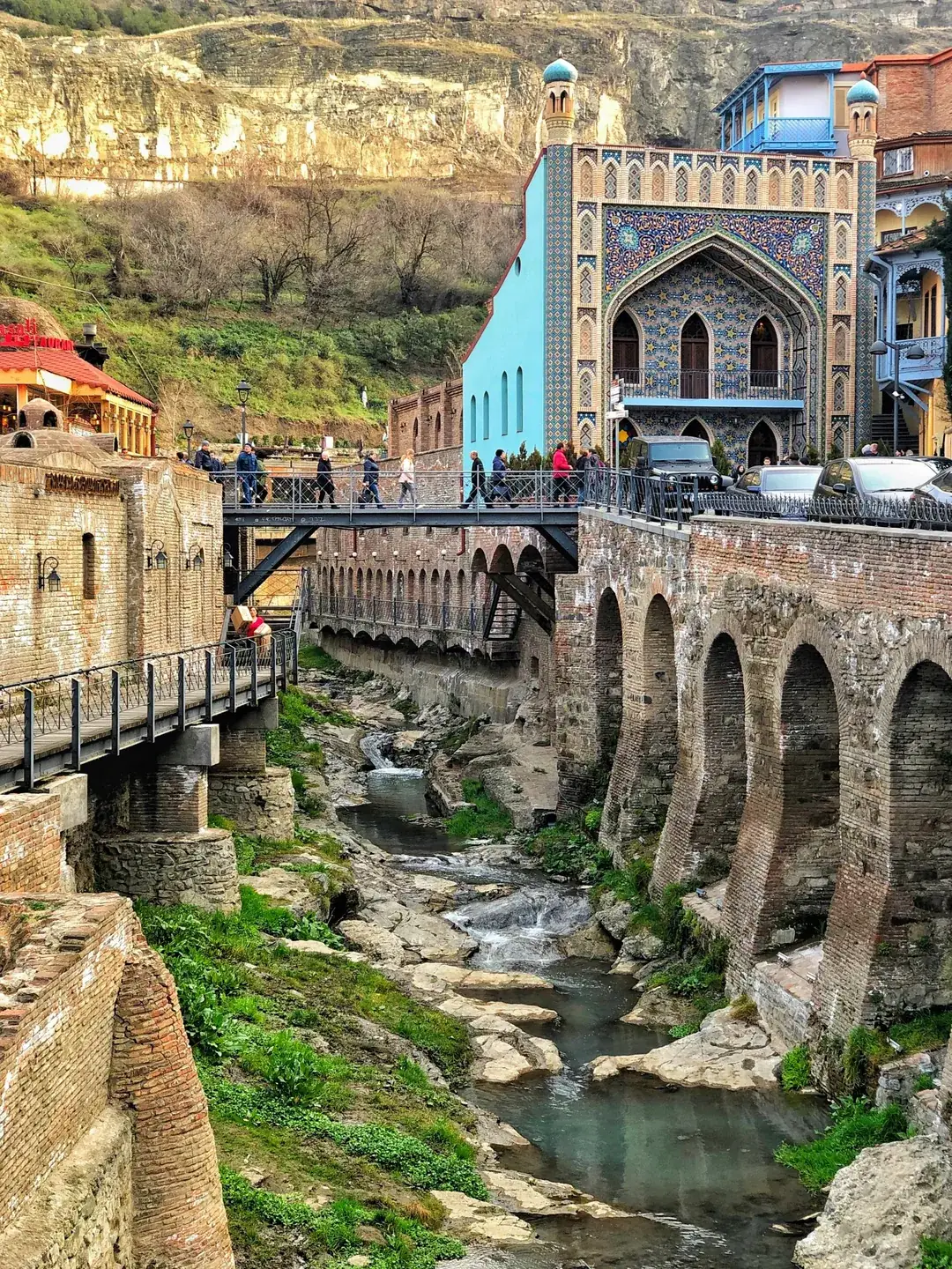 Abanotubani, the old bath district of Tbilisi, with a blue mosaic facade, Georgia